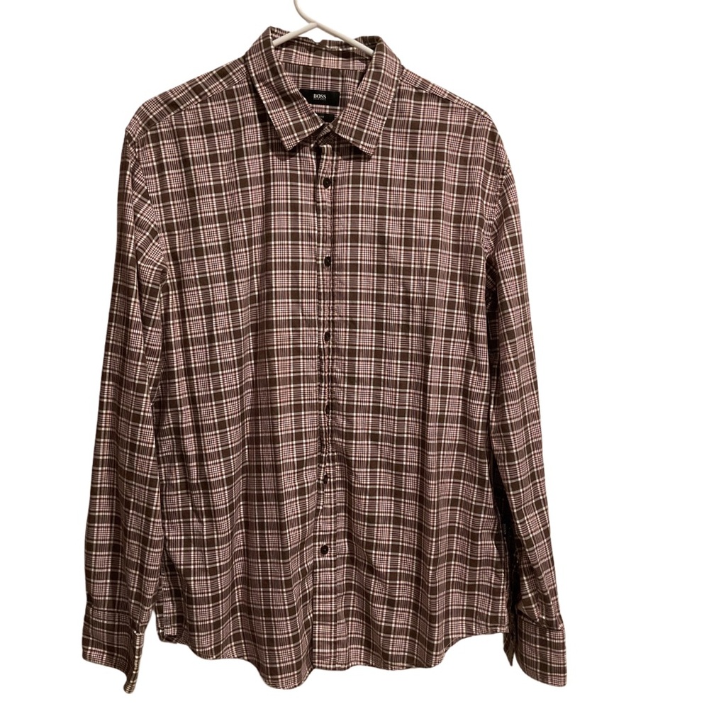 Hugo Boss Men’s Slim Fit Plaid Button Up Shirt Brown Long‎ Sleeve